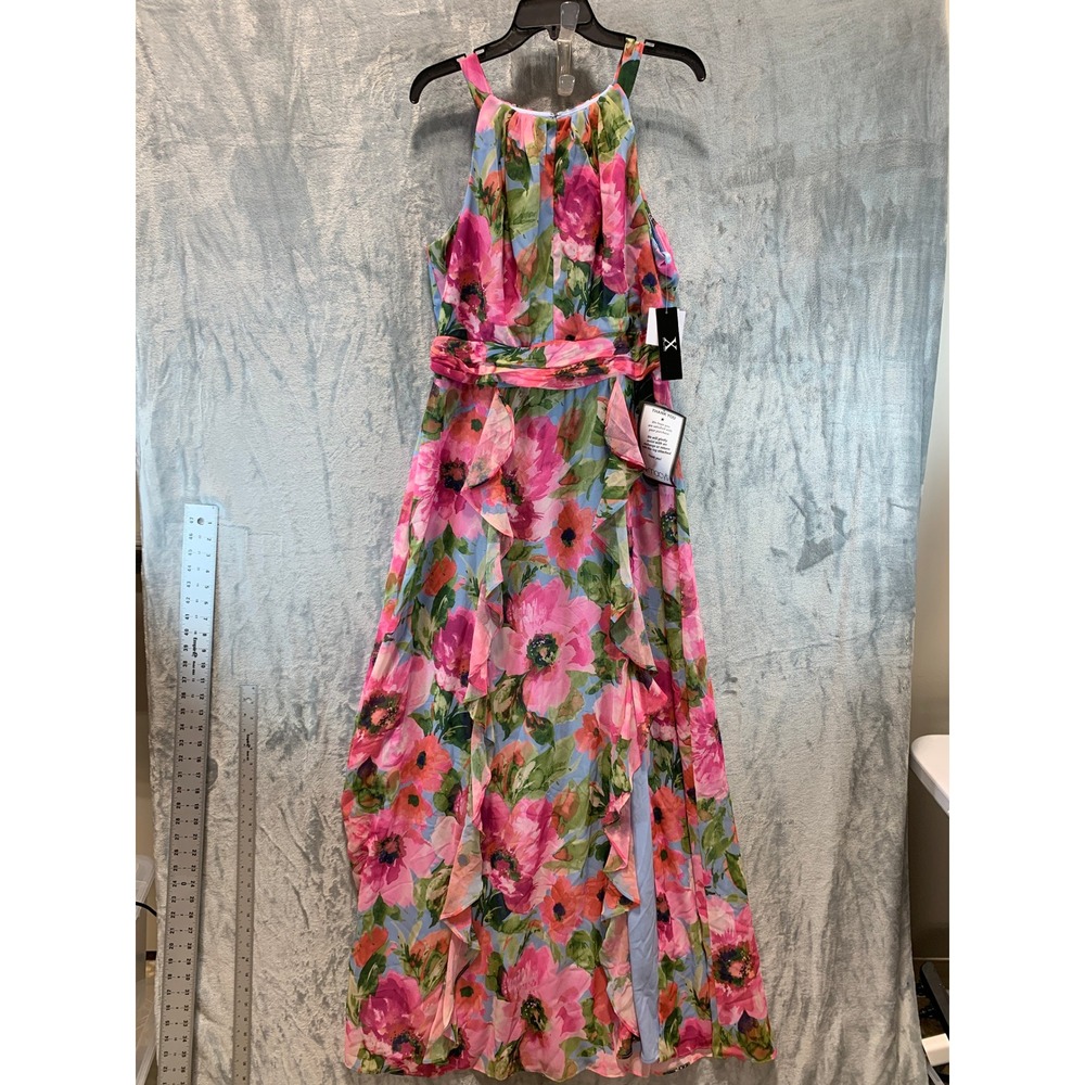X by Xscape Floral Halter Maxi Dress Pink Blue Poppy Ruffle Gown XC321 Size 14